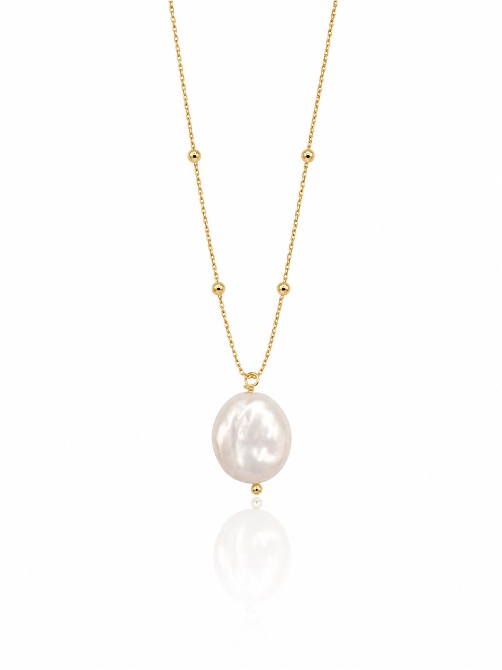 Gold Beaded Chain Necklace with White Baroque Pearl Pendant